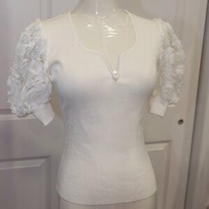White Knit Top with 3D Rosette Sleeves